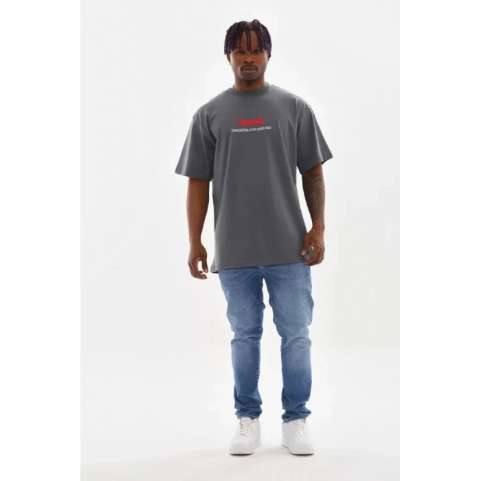 Biçomi Unisex Baskılı Oversize T-Shirt - Füme