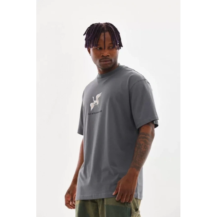 Biçomi Unisex Baskılı Oversize T-Shirt - Füme