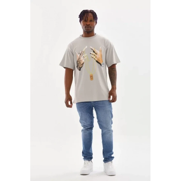 Biçomi Unisex Baskılı Oversize T-Shirt - Gri