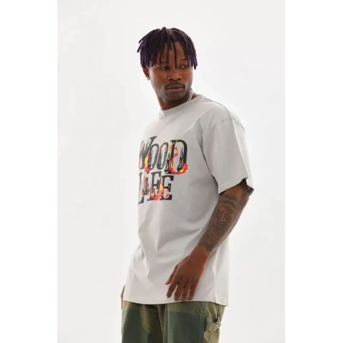 Biçomi Unisex Baskılı Oversize T-Shirt - Gri
