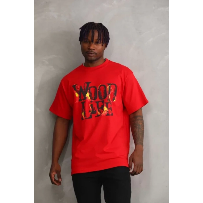 Biçomi Unisex Baskılı Oversize T-Shirt - Kırmızı