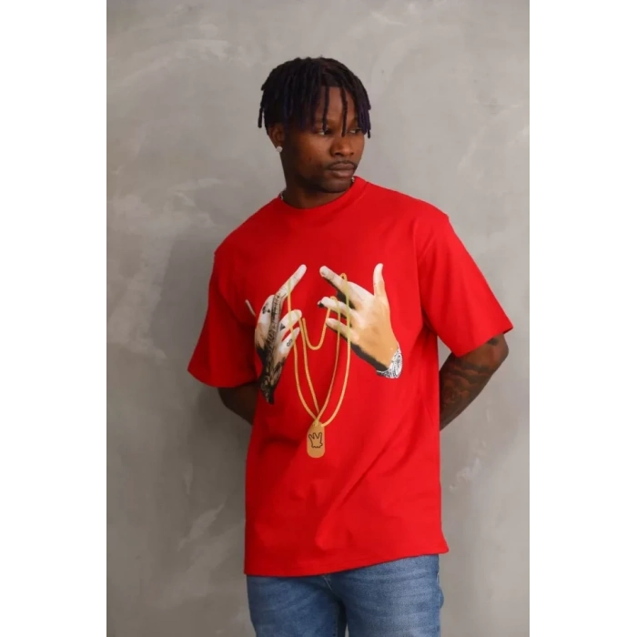 Biçomi Unisex Baskılı Oversize T-Shirt - Kırmızı
