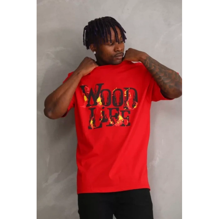 Biçomi Unisex Baskılı Oversize T-Shirt - Kırmızı