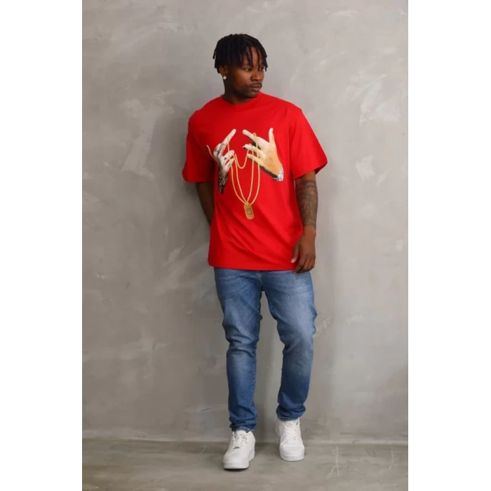Biçomi Unisex Baskılı Oversize T-Shirt - Kırmızı