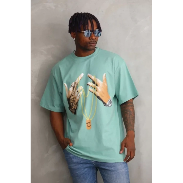 Biçomi Unisex Baskılı Oversize T-Shirt - Mint Yeşili