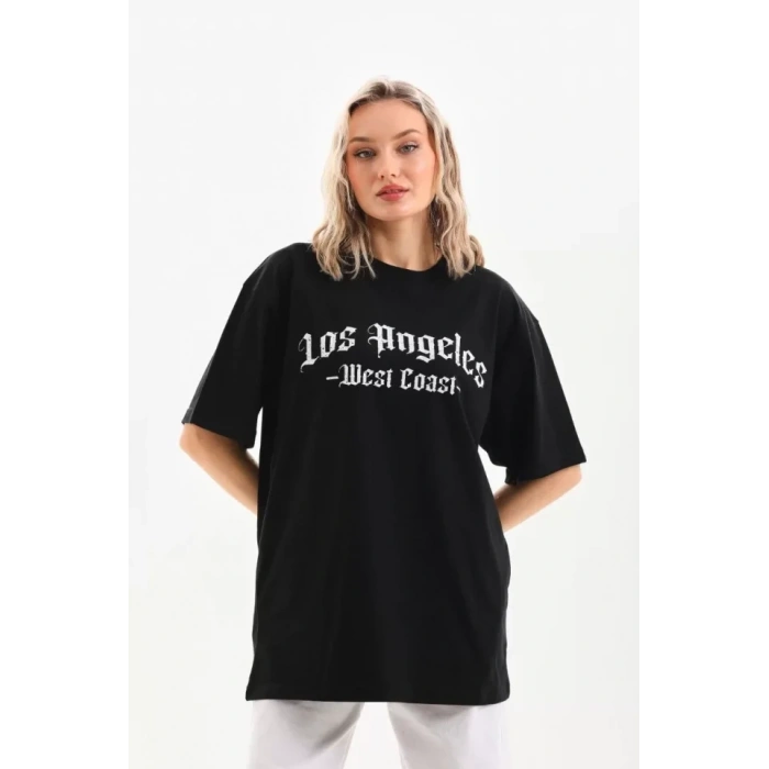 Biçomi Unisex Baskılı Oversize T-Shirt - Siyah