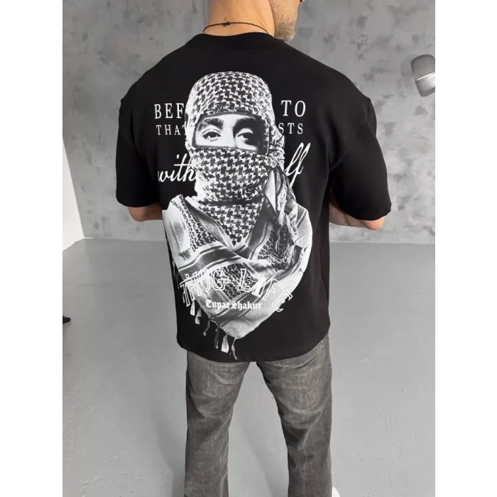Biçomi Unisex Baskılı Oversize T-Shirt - Siyah
