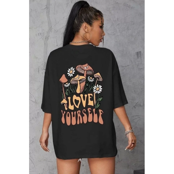 Biçomi Unisex Baskılı Oversize T-Shirt - Siyah