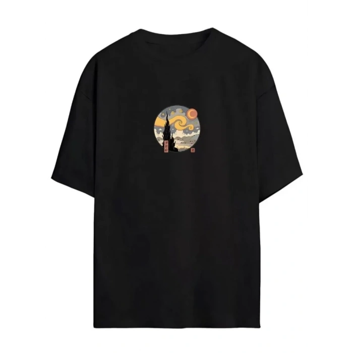 Biçomi Unisex Baskılı Oversize T-Shirt - Siyah