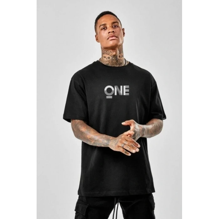 Biçomi Unisex Baskılı Oversize T-Shirt - Siyah