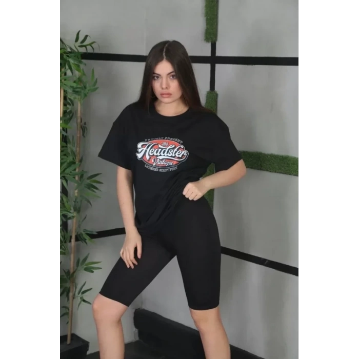 Biçomi Unisex Baskılı Oversize T-Shirt - Siyah