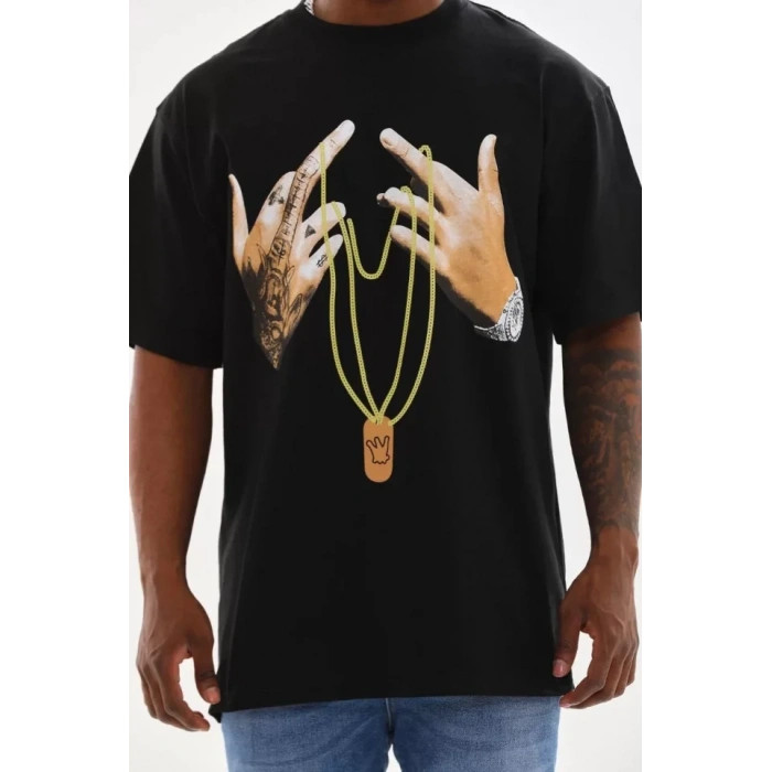 Biçomi Unisex Baskılı Oversize T-Shirt - Siyah