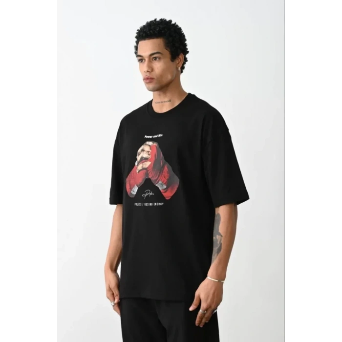 Biçomi Unisex Baskılı Oversize T-Shirt - Siyah