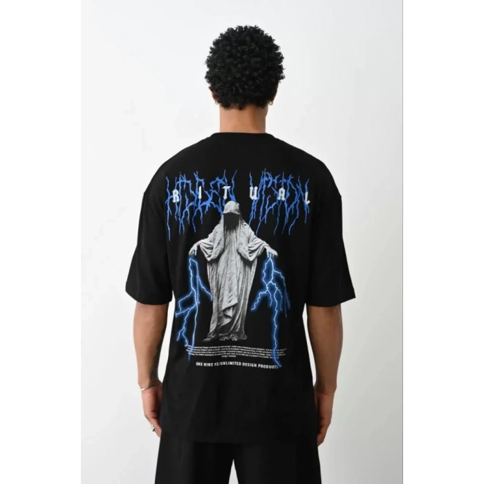 Biçomi Unisex Baskılı Oversize T-Shirt - Siyah