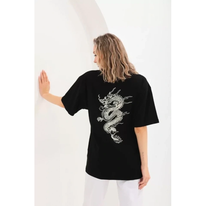 Biçomi Unisex Baskılı Oversize T-Shirt - Siyah