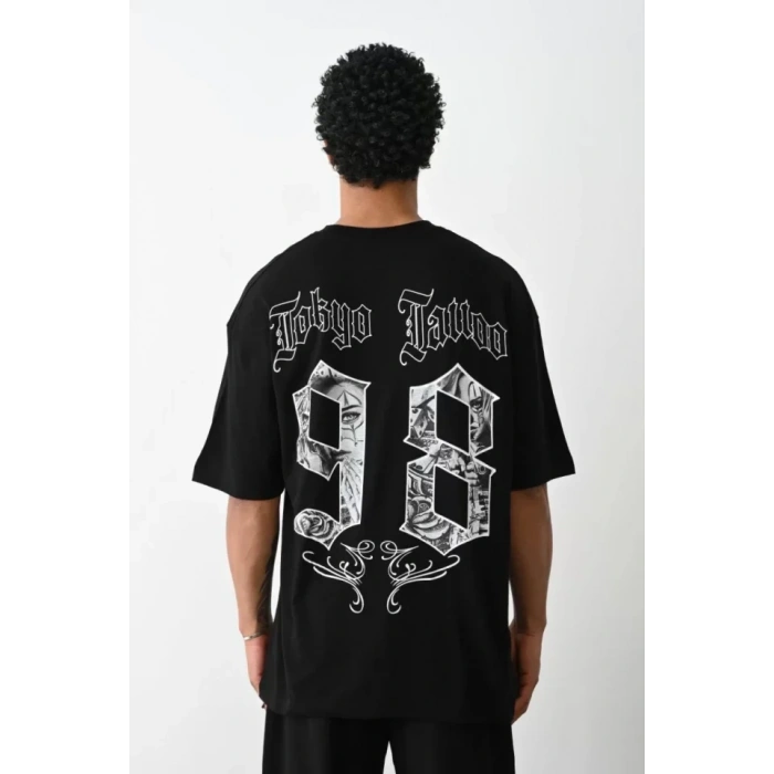 Biçomi Unisex Baskılı Oversize T-Shirt - Siyah