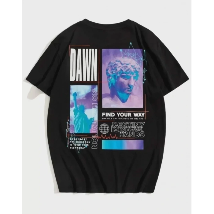 Biçomi Unisex Baskılı Oversize T-Shirt - Siyah