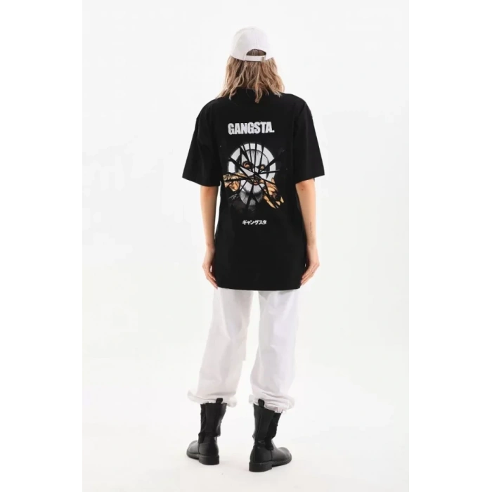 Biçomi Unisex Baskılı Oversize T-Shirt - Siyah