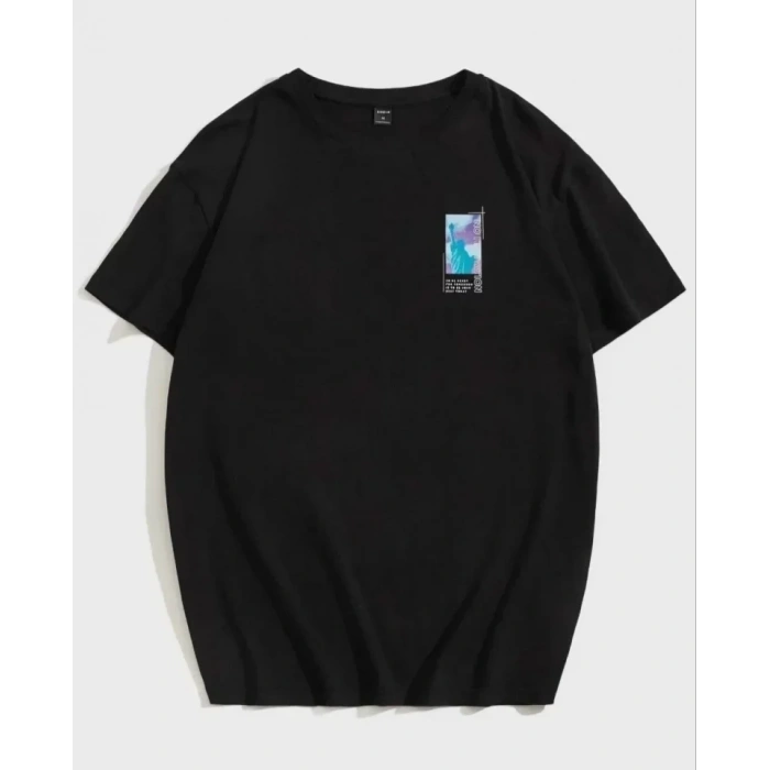 Biçomi Unisex Baskılı Oversize T-Shirt - Siyah