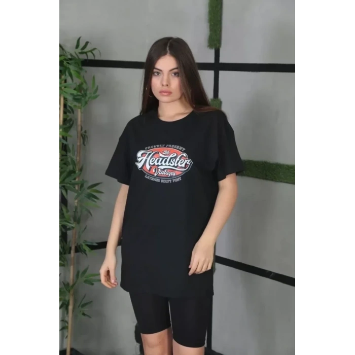 Biçomi Unisex Baskılı Oversize T-Shirt - Siyah