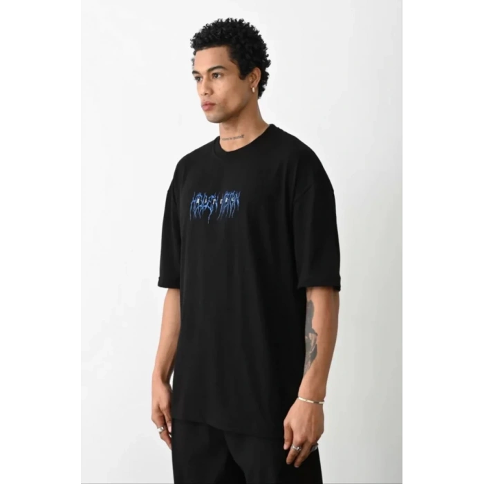 Biçomi Unisex Baskılı Oversize T-Shirt - Siyah