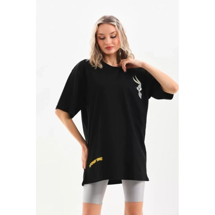 Biçomi Unisex Baskılı Oversize T-Shirt - Siyah