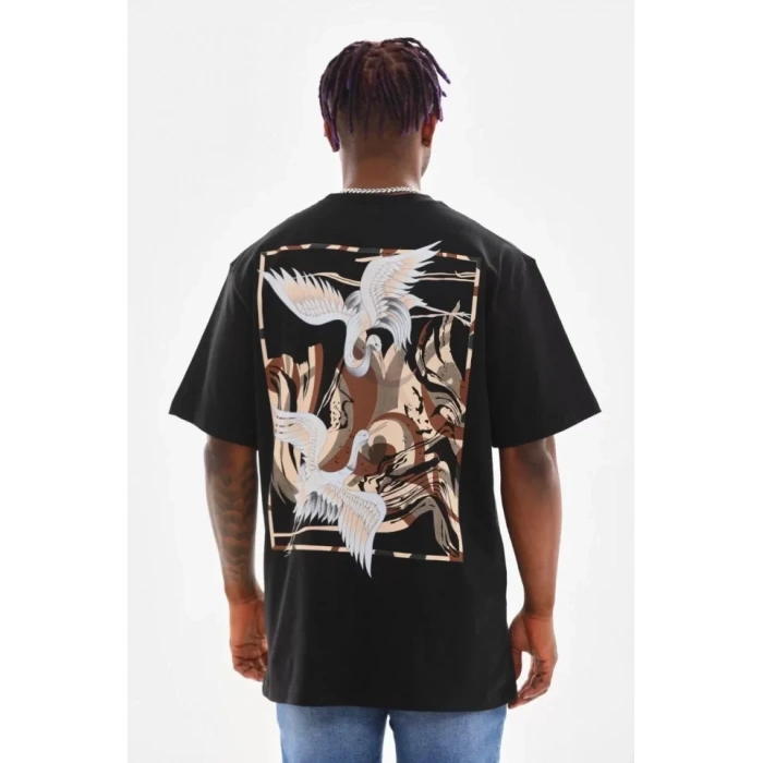Biçomi Unisex Baskılı Oversize T-Shirt - Siyah