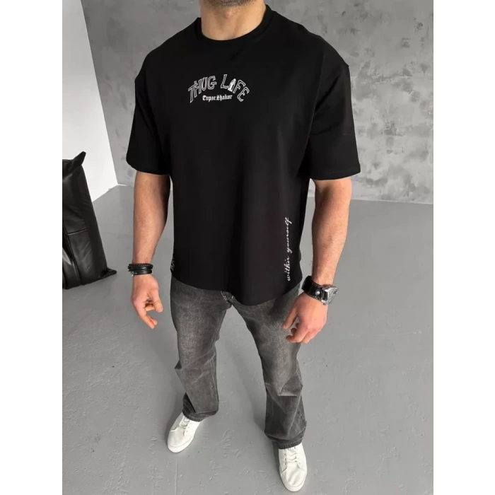 Biçomi Unisex Baskılı Oversize T-Shirt - Siyah