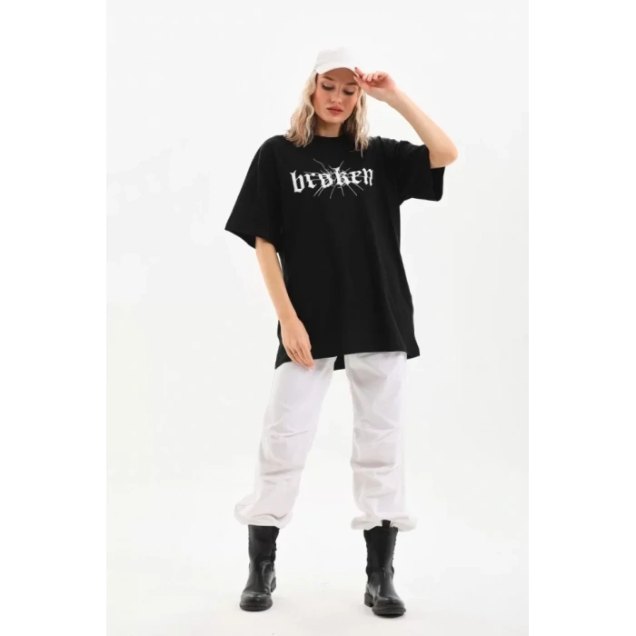Biçomi Unisex Baskılı Oversize T-Shirt - Siyah