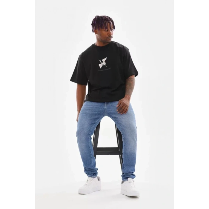 Biçomi Unisex Baskılı Oversize T-Shirt - Siyah