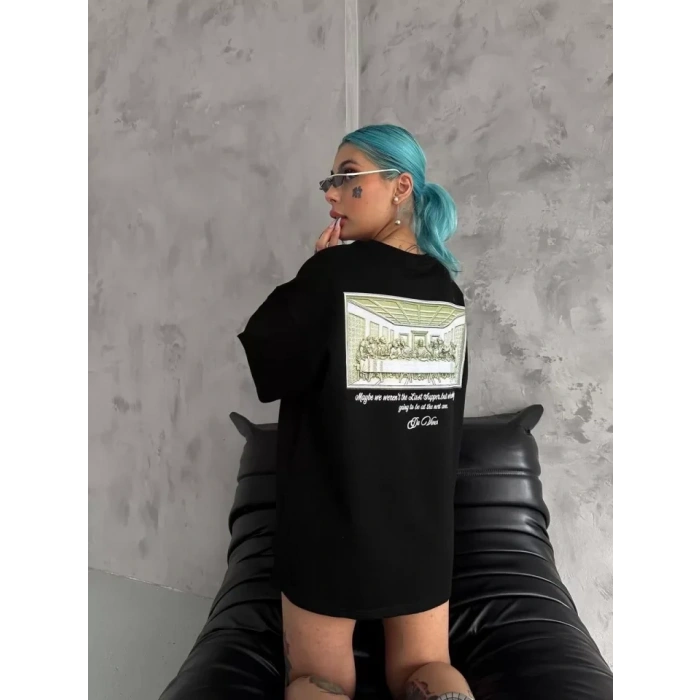 Biçomi Unisex Baskılı Oversize T-Shirt - Siyah