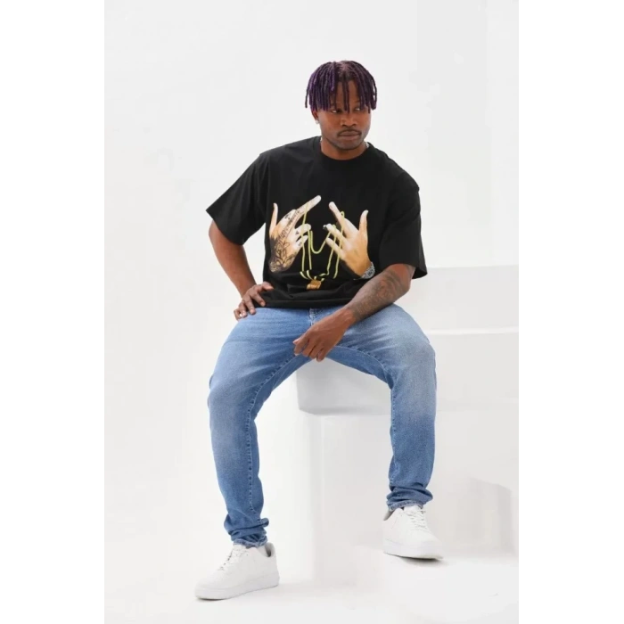 Biçomi Unisex Baskılı Oversize T-Shirt - Siyah