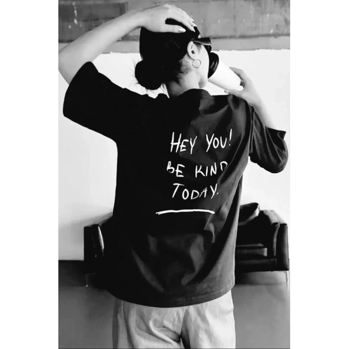 Biçomi Unisex Baskılı Oversize T-Shirt - Siyah