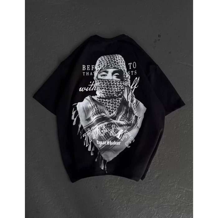 Biçomi Unisex Baskılı Oversize T-Shirt - Siyah