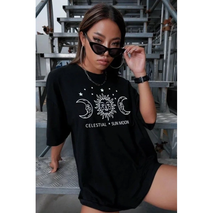 Biçomi Unisex Baskılı Oversize T-Shirt - Siyah