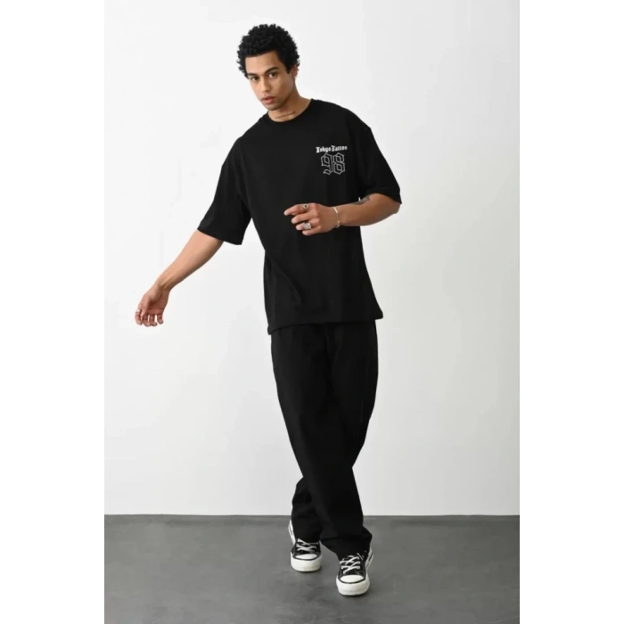 Biçomi Unisex Baskılı Oversize T-Shirt - Siyah