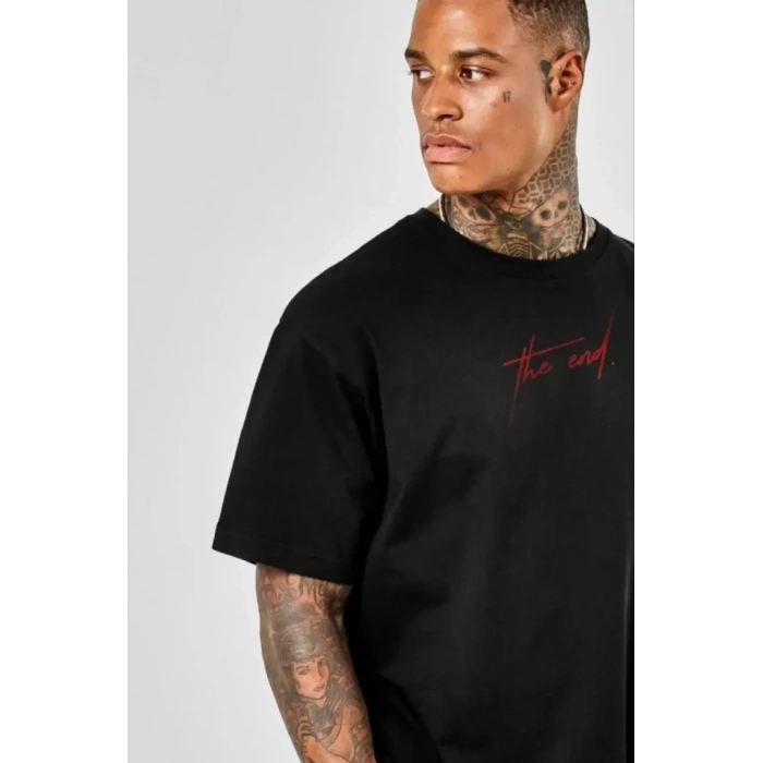 Biçomi Unisex Baskılı Oversize T-Shirt - Siyah