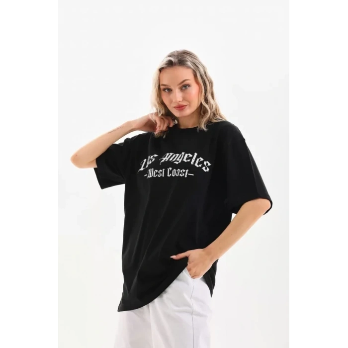 Biçomi Unisex Baskılı Oversize T-Shirt - Siyah