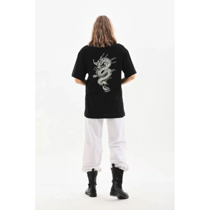 Biçomi Unisex Baskılı Oversize T-Shirt - Siyah