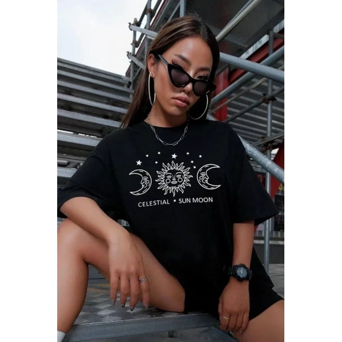 Biçomi Unisex Baskılı Oversize T-Shirt - Siyah