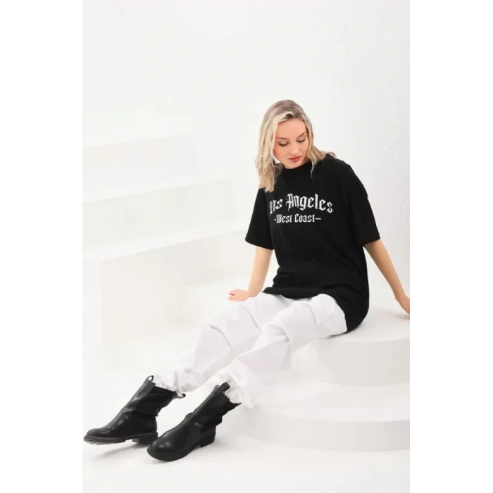 Biçomi Unisex Baskılı Oversize T-Shirt - Siyah