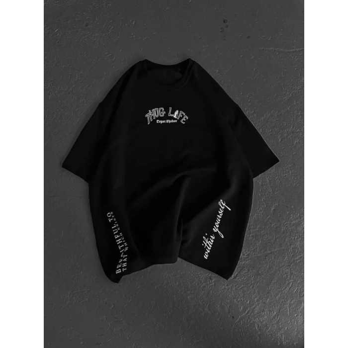 Biçomi Unisex Baskılı Oversize T-Shirt - Siyah