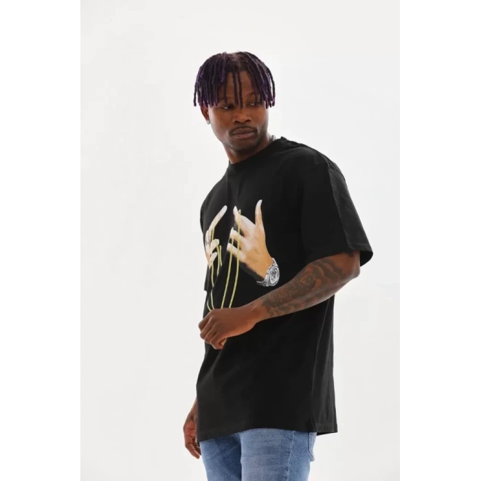 Biçomi Unisex Baskılı Oversize T-Shirt - Siyah