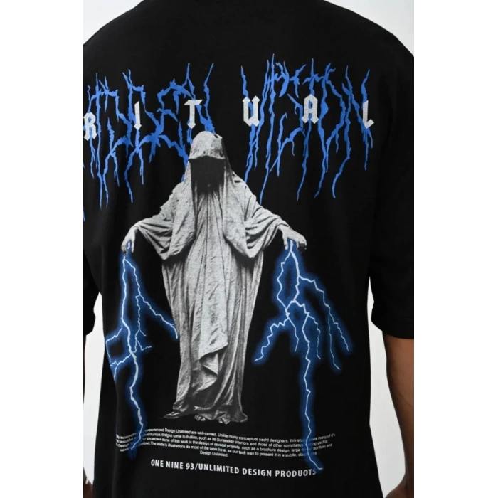 Biçomi Unisex Baskılı Oversize T-Shirt - Siyah