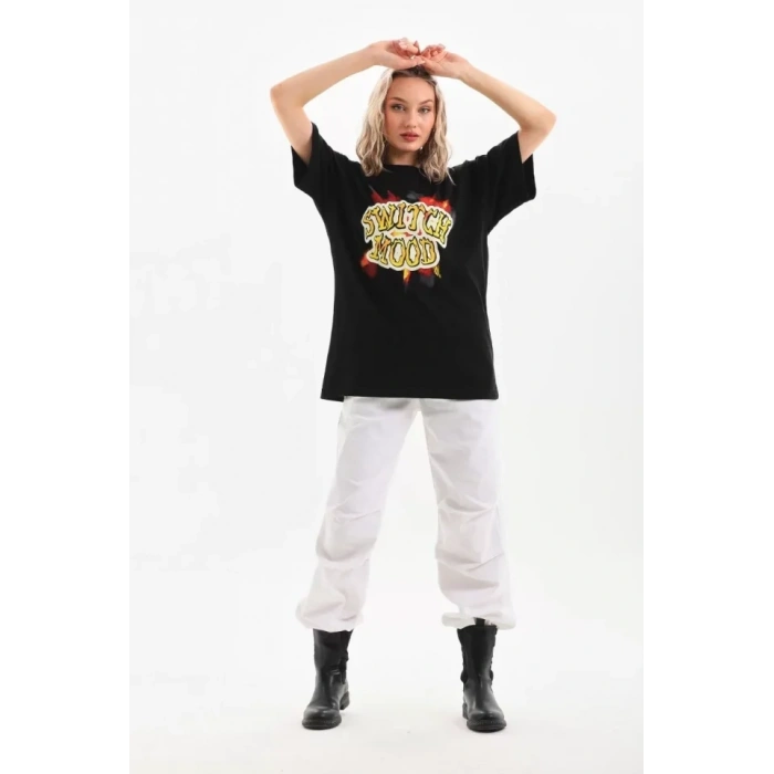 Biçomi Unisex Baskılı Oversize T-Shirt - Siyah