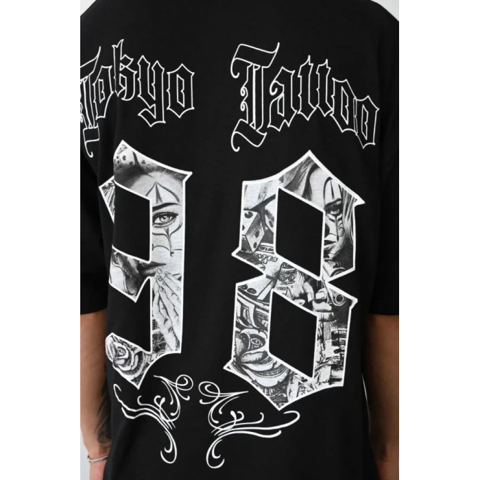 Biçomi Unisex Baskılı Oversize T-Shirt - Siyah