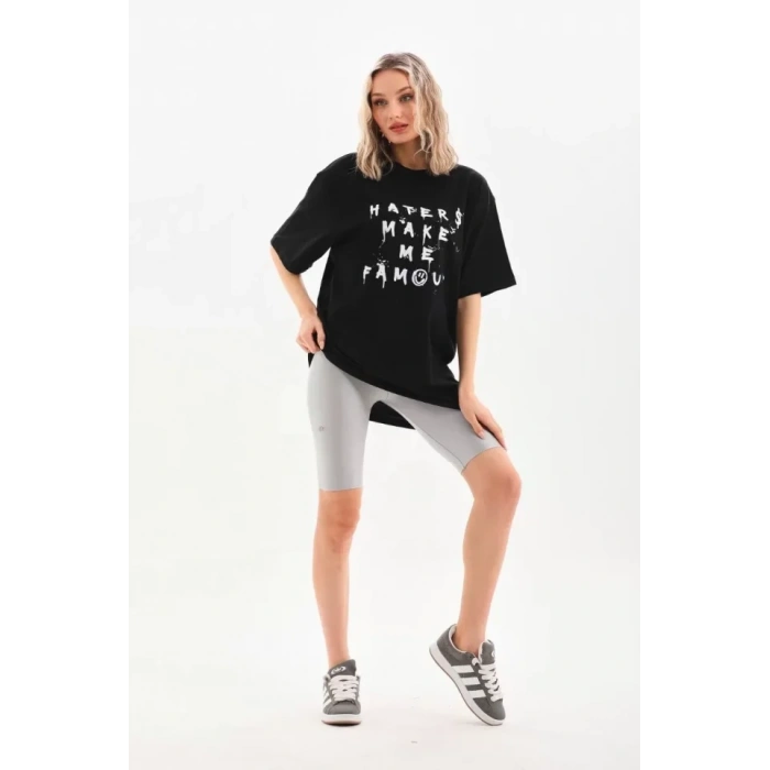 Biçomi Unisex Baskılı Oversize T-Shirt - Siyah