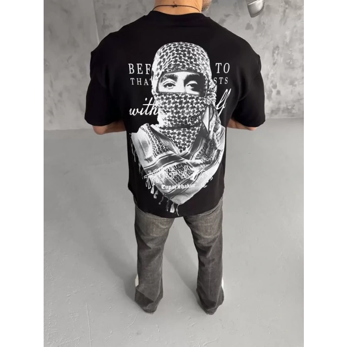 Biçomi Unisex Baskılı Oversize T-Shirt - Siyah