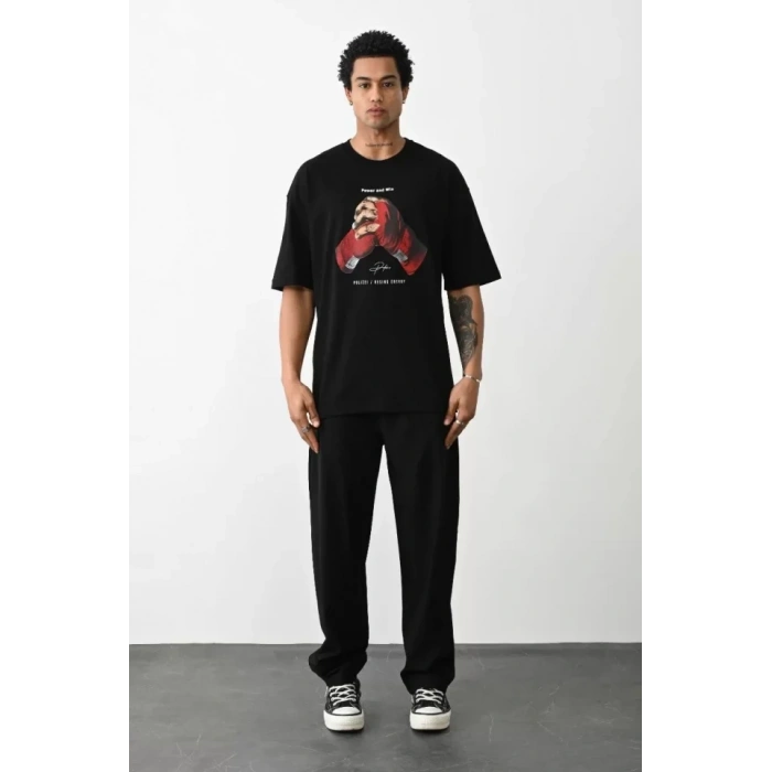 Biçomi Unisex Baskılı Oversize T-Shirt - Siyah
