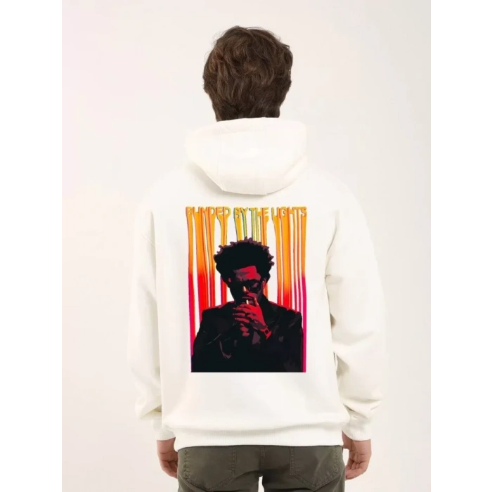 Biçomi Unisex Baskılı Oversize Üç İplik Kapüşonlu Sweatshirt - Beyaz